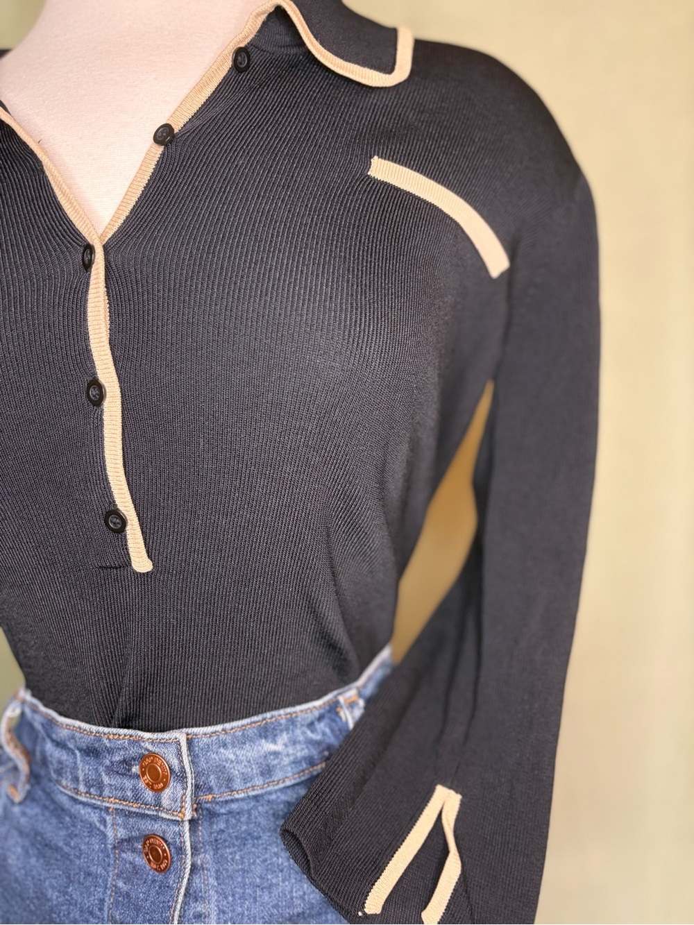 Black LongSleeve Knit Top with Contrast Trim